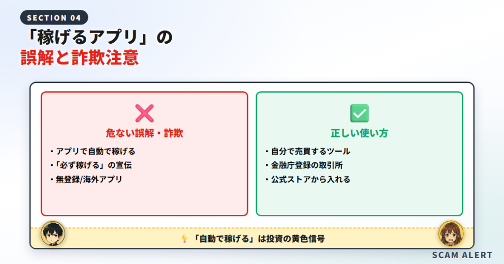 「仮想通貨で稼げるアプリ」の誤解と詐欺アプリ注意